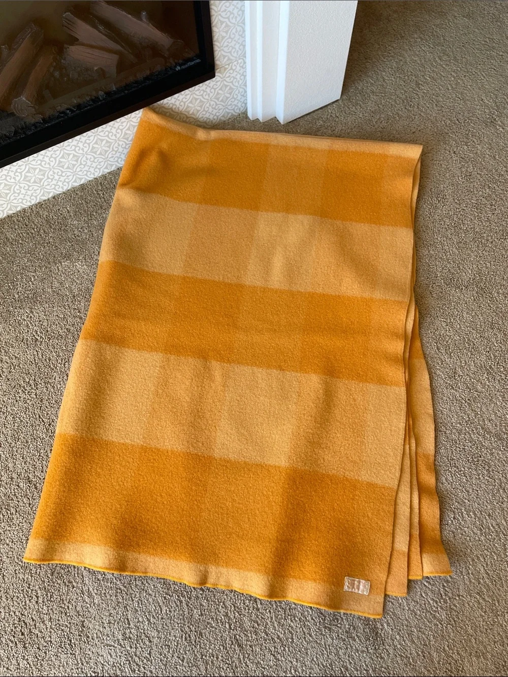 VTG Pendleton Virgin Wool Throw Blanket Checked Orange/Yellow Plaid Cabin Hygge